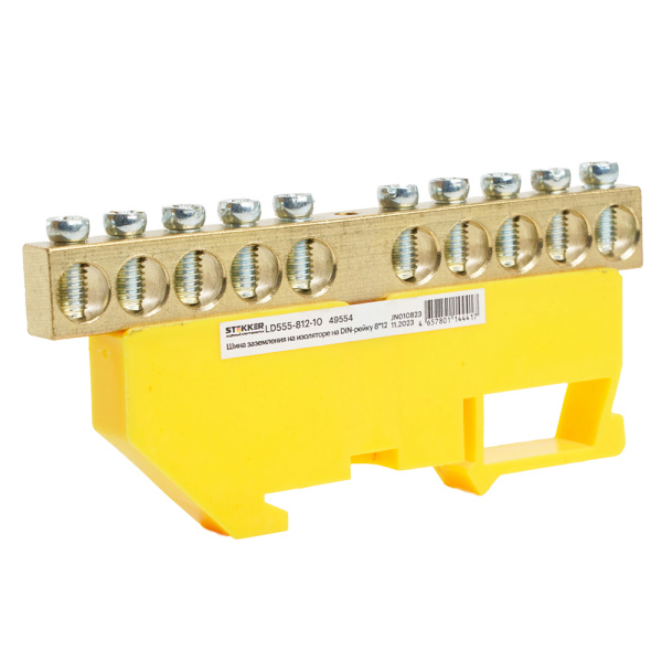 Шина "PE" STEKKER на изоляторе 8*12 на DIN-рейку 10 выводов, желтый, LD555-812-10