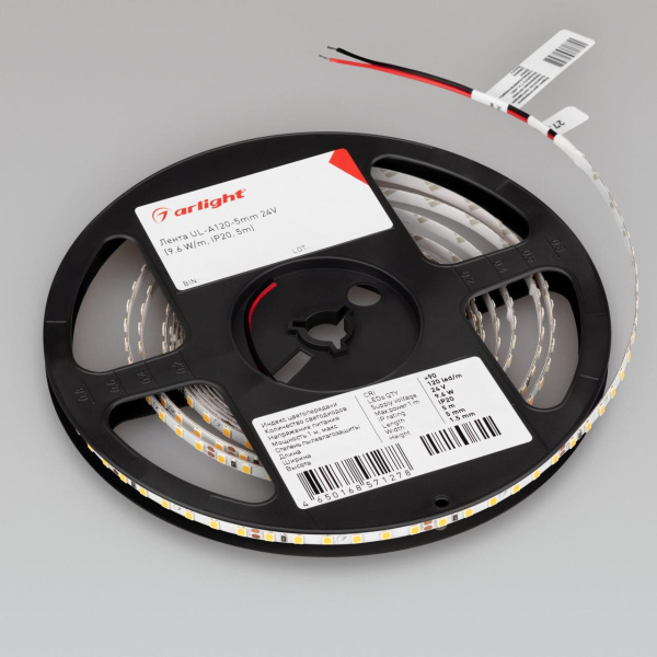 Светодиодная лента Arlight 6W/m 120Led/m 2835SMD холодный белый 5M UL-A120-5mm 24V White6000 044058
