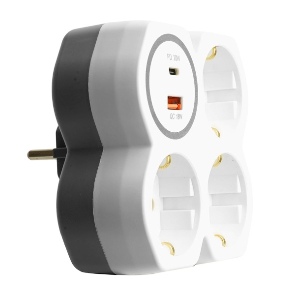 Разветвитель сетевой на 3 выхода с/з, Stekker, 250В, 16А, USB A+Type C, 2,4А, PD, белый/серый ADP16-17-20 50110