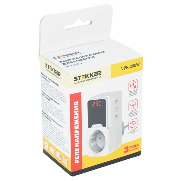 Реле напряжения для розетки регулируемое Stekker VPR-200W, 230В,16A,белый 50689