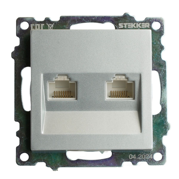 Розетка компьютерная 2-местная RJ-45 (механизм) Stekker GLS00-7109-03 Катрин, серебро 50005