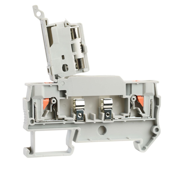 Зажим самозажимной Stekker, 2-проводной проходной 4,0 мм² (JXB PT 4) c размыкателем и предохранителем, LD572-1-01, серый 50190