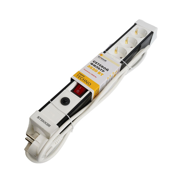 Сетевой фильтр 4-местный с/з Stekker 3x1мм2, 5 м, 250В, 16А Techno, HM22-41-05, белый 50149