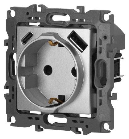 Розетка ЭРА Серия 12 12-4108-03 2P+E 16A-250В со шторками с USB type-A+C 5В-3А алюминий Б0067716