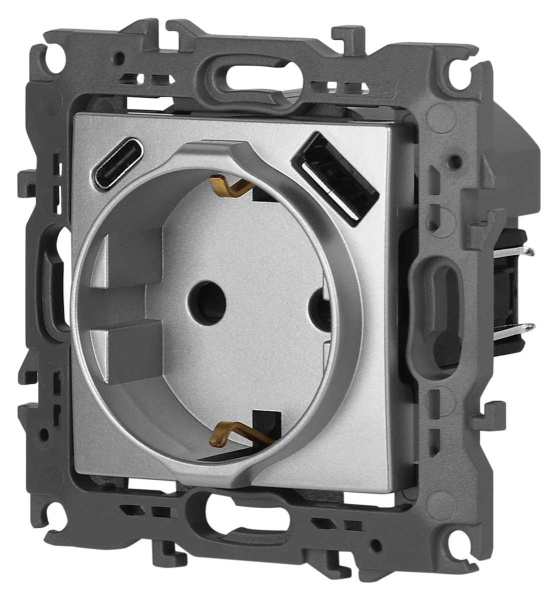 Розетка ЭРА Серия 12 12-4108-03 2P+E 16A-250В со шторками с USB type-A+C 5В-3А алюминий Б0067716