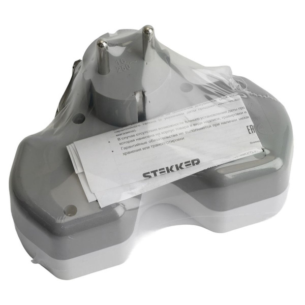 Разветвитель сетевой 2-местный с/з Stekker ADP16-15-20, 250V, 16A и USB+Type C на 2.4А, белый/серый 50071