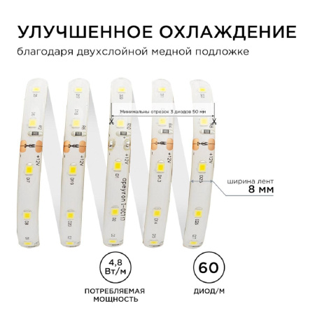 Светодиодная влагозащищенная лента Apeyron 4,8W/m 60LED/m 3528SMD теплый белый 5M 00-09