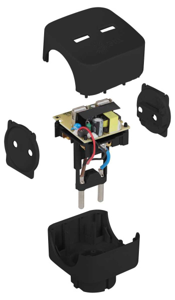 Разветвитель электрический ЭРА SP-2-USB-B на 2 розетки + 2xUSB 2400mA без заземления 10А черный Б0049535