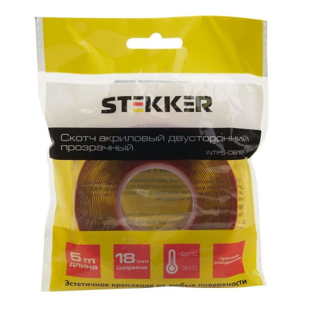 Скотч акриловый двусторонний Stekker INTP5-0818-5 0,8*18 мм,длина 5м, прозрачный, красная подложка 39146