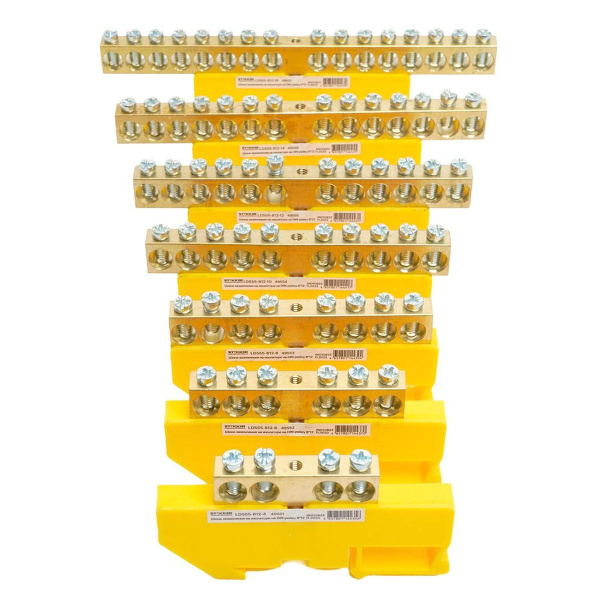 Шина "PE" Stekker на изоляторе 8*12 на DIN-рейку 10 выводов, желтый, LD555-812-10 49554