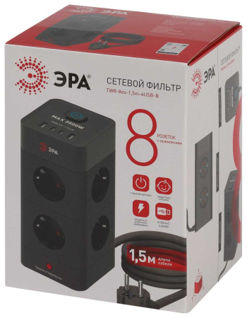Сетевой фильтр ЭРА TWR-8es-1,5m-4USB-B башня с защитой заземлением с выключателем 8 розеток+4xUSBA+C 1,5м 16А черный Б0069072