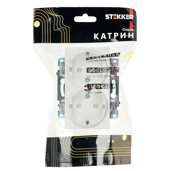 Розетка двойная 2P+PE Stekker Катрин со шторками белый GLS16-7114-01 39574