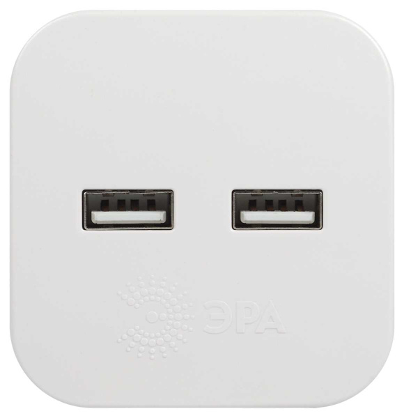 Разветвитель электрический ЭРА SP-2-USB-W на 2 розетки + 2xUSB 2400mA без заземления 10А белый Б0049531