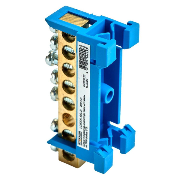 Шина "N" на изоляторе Stekker 6*9 тип "стойка" на DIN-рейку 8 выводов, синий, LD556-69-8 49558