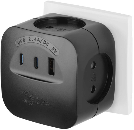 Разветвитель электрический ЭРА SP-4-3USBAC-B на 4 розетки + 3 USB A+C со шторками 10А черный Б0069084