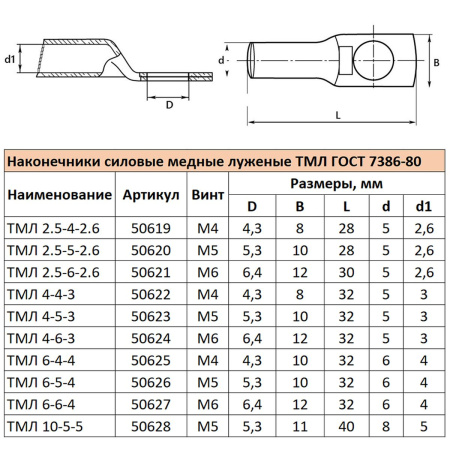 Наконечник медный луженый ТМЛ 6-5-4 ГОСТ 7386-80 LD-TML-6-5-4 50626