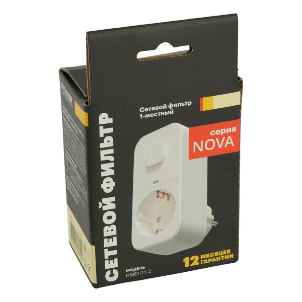 Сетевой фильтр 1-местный с/з Stekker 250В, 16А, с выключателем Nova, HM81-11-2, белый 50143