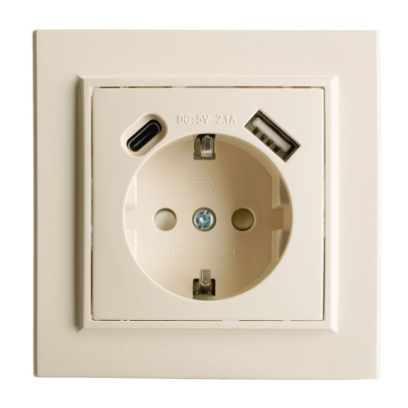 Розетка 1-местная с/з Stekker, PST16-9016-02, 250В, 16А с USB+ type C Эрна, слоновая кость 50077