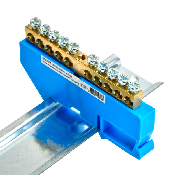 Шина"N" на изоляторе STEKKER 6*9 на DIN-рейку 10 выводов, синий, LD555-69-10
