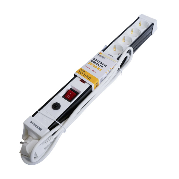 Сетевой фильтр 6-местный с/з Stekker 3x1мм2, 5 м, 250В, 16А Techno, HM22-61-05, белый 50152