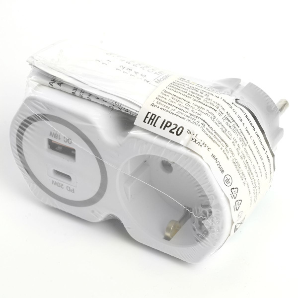 Разветвитель сетевой на 1 выход с/з Stekker 250В, 16А, USB A+ Type C, 2,4А, PD, белый/серый, ADP16-16-20 50109