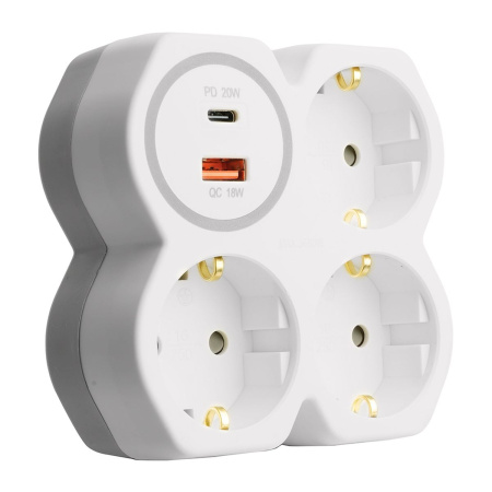 Разветвитель сетевой на 3 выхода с/з, Stekker, 250В, 16А, USB A+Type C, 2,4А, PD, белый/серый ADP16-17-20 50110