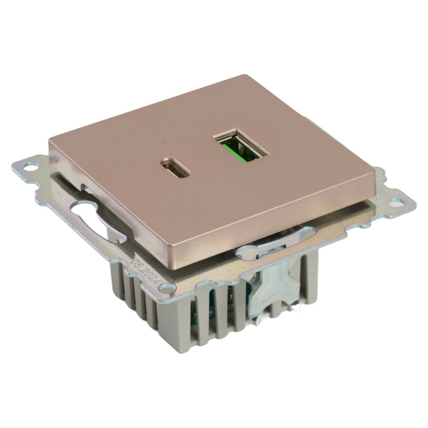 Розетка 2-местная USB + type C (механизм), STEKKER GLS10-7116-02, 250B, 3A, max 20W, серия Катрин, шампань 50056