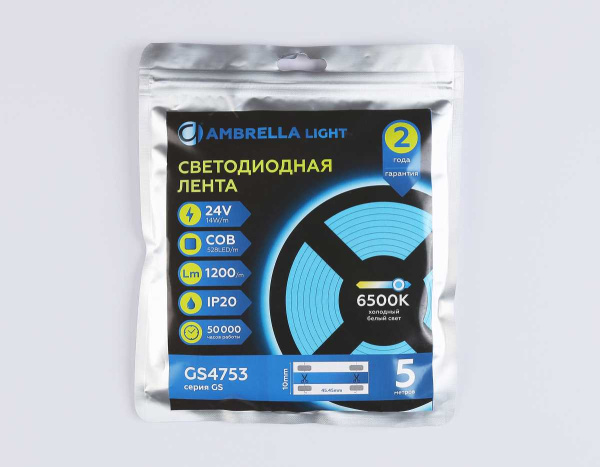 Светодиодная лента Ambrella Light GS4753 COB 528Led/14W m/ 24V IP20 6500K/ 5m*10mm*2mm (2 конт.) GS4753