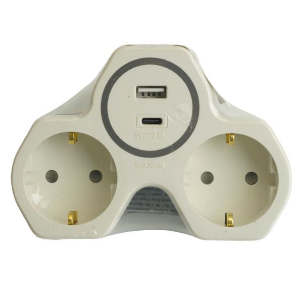 Разветвитель сетевой 2-местный с/з STEKKER ADP16-15-20, 250V, 16A и USB+Type C на 2.4А, белый/серый