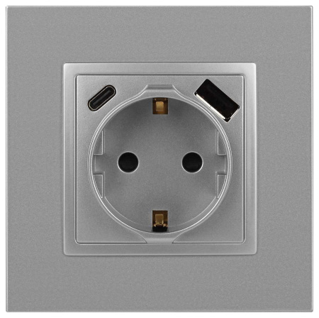 Розетка ЭРА Elegance 14-4108-03 2P+E 16A-250В со шторками с USB type-A+C 5В-3А алюминий Б0067741