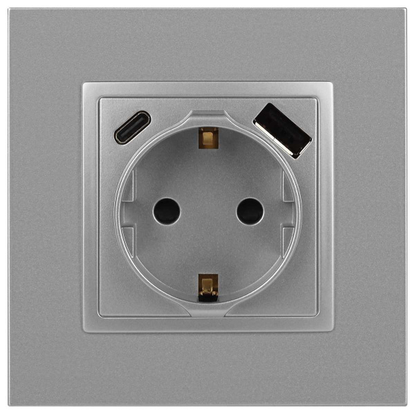 Розетка ЭРА Elegance 14-4108-03 2P+E 16A-250В со шторками с USB type-A+C 5В-3А алюминий Б0067741