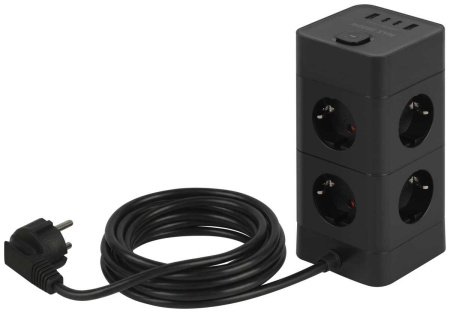 Сетевой фильтр ЭРА TWR-8es-1,5m-4USB-B башня с защитой заземлением с выключателем 8 розеток+4xUSBA+C 1,5м 16А черный Б0069072