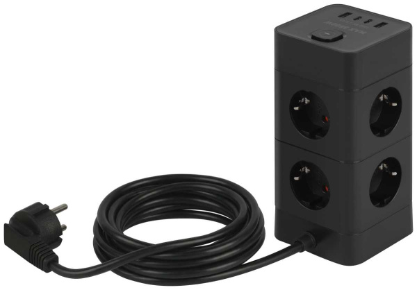 Сетевой фильтр ЭРА TWR-8es-1,5m-4USB-B башня с защитой заземлением с выключателем 8 розеток+4xUSBA+C 1,5м 16А черный Б0069072