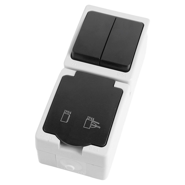 Блок вертикальный: розетка 1-местная с/з + выключатель 2-клавишный STEKKER, PST16-11-54/10-121-54, серый/графит 49726