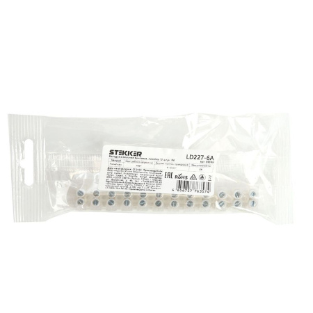 Колодка клеммная винтовая Stekker, линейка 12 штук, полиэтилен, LD227-6A DIY 39899