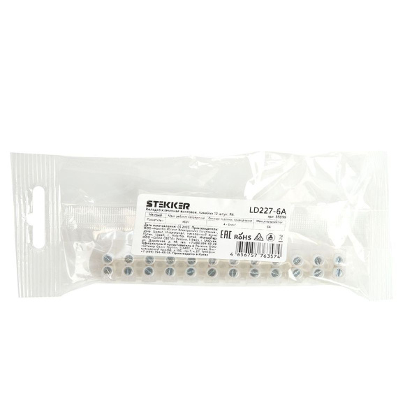 Колодка клеммная винтовая Stekker, линейка 12 штук, полиэтилен, LD227-6A DIY 39899