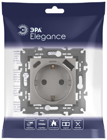 Розетка ЭРА Elegance 14-4108-16 2P+E 16A-250В со шторками с USB type-A+C 5В-3А титан Б0067695