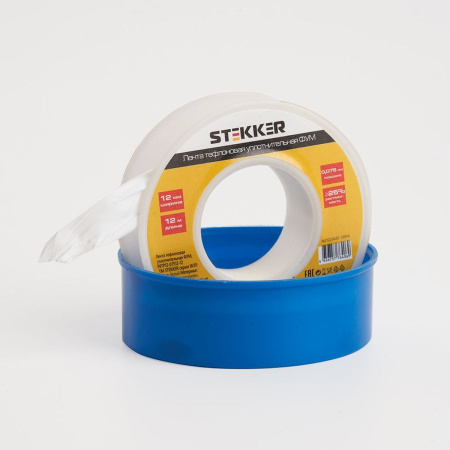 Лента уплотнительная тефлоновая ФУМ Stekker 0,3 г/м3, 0,075*12 мм, 12 м. белая INTP12-07512-12 39914