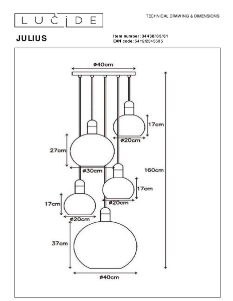 Подвесная люстра Lucide Julius 34438/05/61