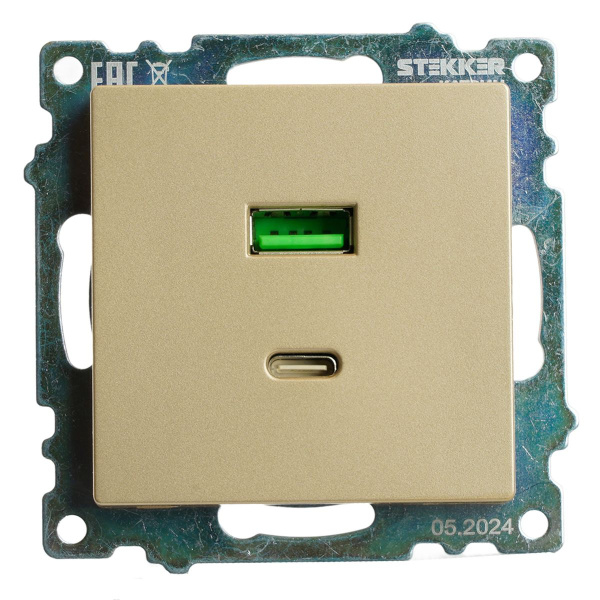 Розетка 2-местная USB + type C (механизм), 250В, 3А, max 20W, STEKKER, GLS10-7116-08, серия Катрин, золото 50053