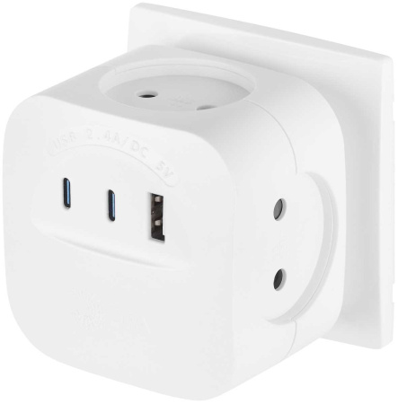 Разветвитель электрический ЭРА SP-4-3USBAC-W на 4 розетки + 3 USB A+C со шторками 10А белый Б0069083