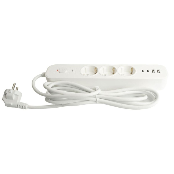 Сетевой фильтр 3-местный с/з Stekker 3x1мм2, 5 м, 250В, 16А, 2 USB-A+2 Type-C 3, серия Nova, белый 50101