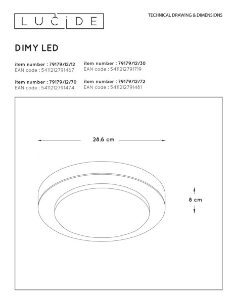 Потолочный светодиодный светильник Lucide Dimy 79179/12/30