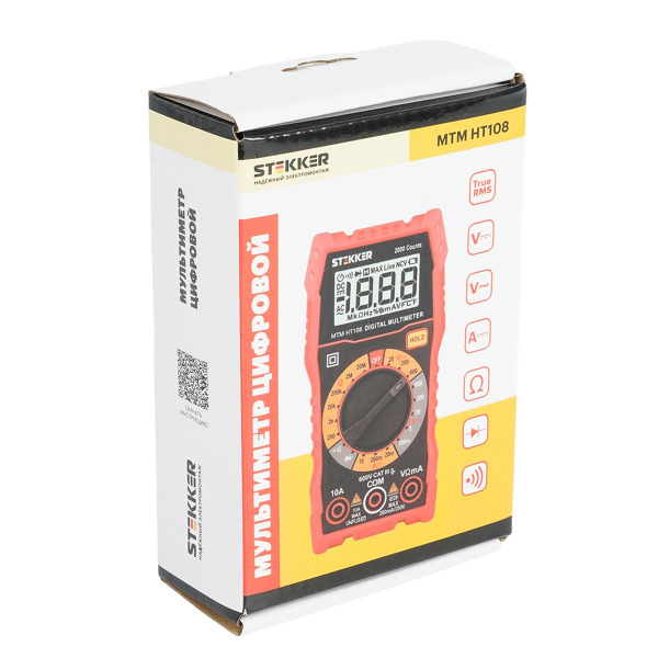 Мультиметр цифровой, 2000 отсчетов, 2 батареи тип ААА 1,5В, ручная регулировка, красный Stekker MTM HT108 49993
