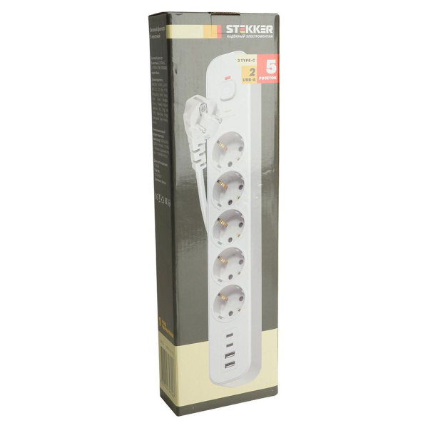 Сетевой фильтр 5-местный с/з Stekker 3x1мм2, 3 м, 250В, 16А, 2 USB-A+2 Type-C 3, серия Nova, белый 50103