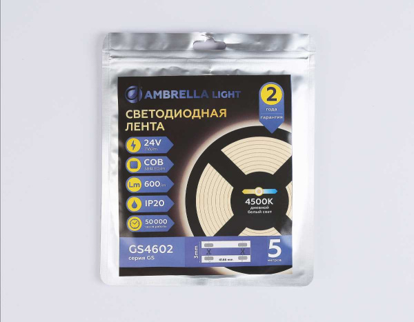 Светодиодная лента Ambrella Light GS4602 COB 384Led/ 7W m/ 24V IP20 4500K/ 5m*3mm*2mm (2 конт.) GS4602