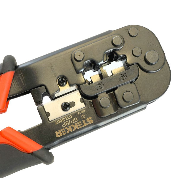 Кримпер Stekker CTLS007 для обжима RJ разъемов RJ-45 (8P8C), RJ-12 (6P6C) и RJ-11 (6P4C и 6P2C), черный, красный 49613