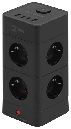 Сетевой фильтр ЭРА TWR-8es-1,5m-4USB-B башня с защитой заземлением с выключателем 8 розеток+4xUSBA+C 1,5м 16А черный Б0069072