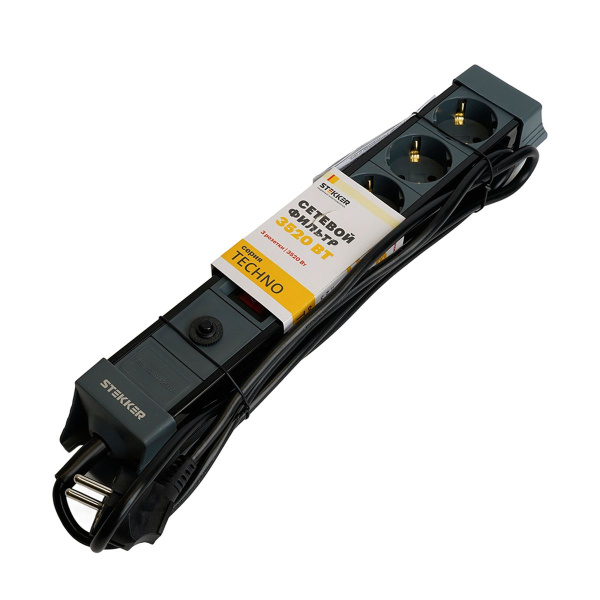 Сетевой фильтр 3-местный с/з Stekker 3x1мм2, 5 м, 250В, 16А Techno, HM22-31-05, черный 50155