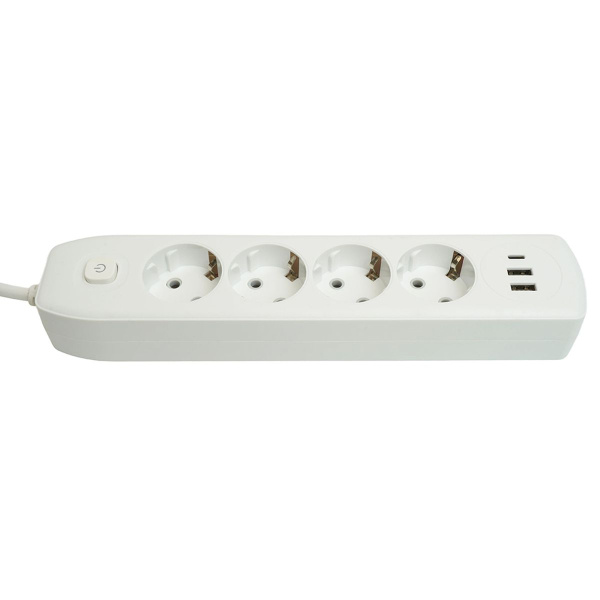 Удлинитель 4-местный c/з 3x1 мм2, 3 м, 250В, 10А, 2USB+1Type-C 2,4А Home plus, белый Stekker HM08-43-02 49978